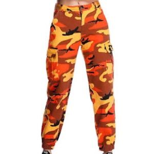 Orange yellow and black cargo camo pants